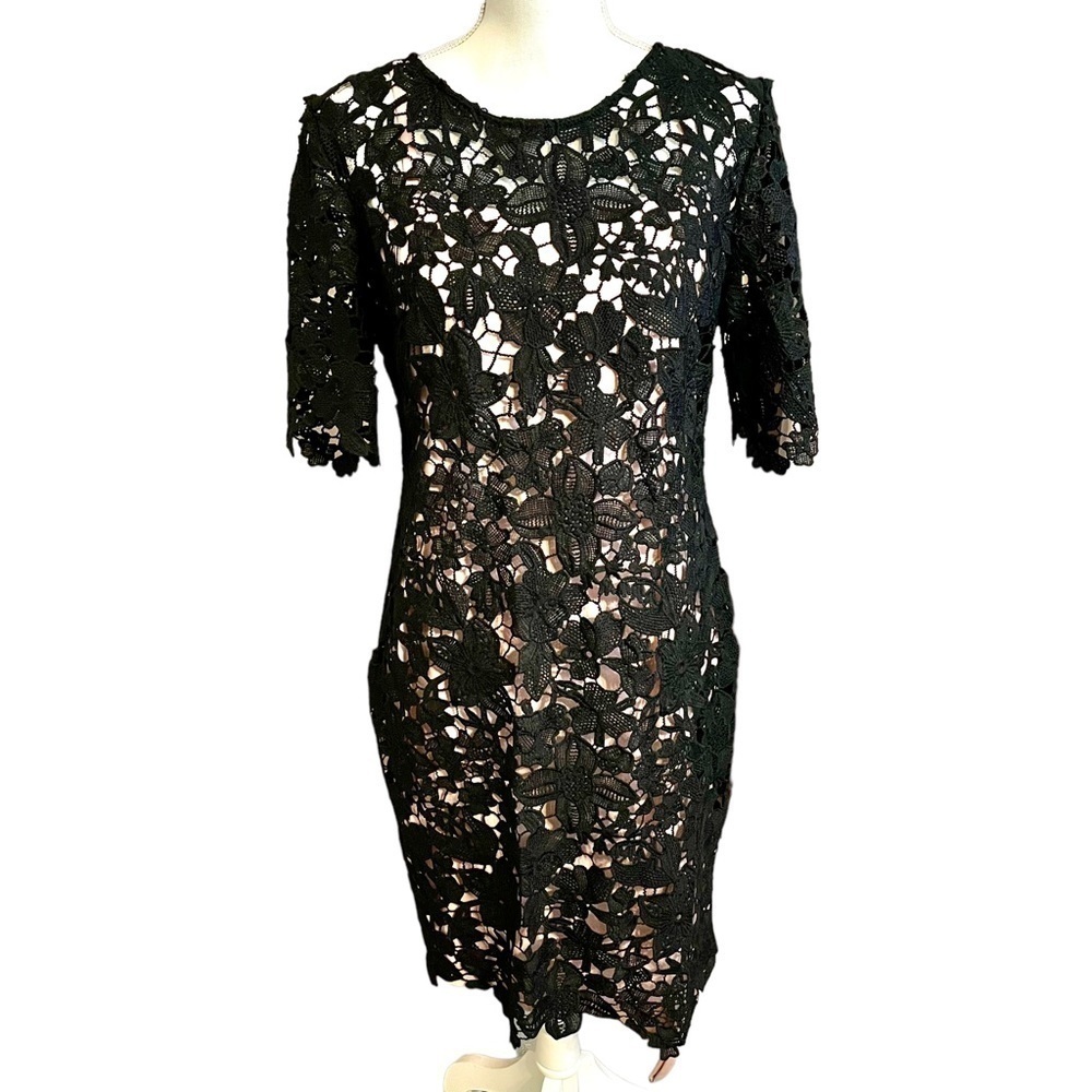 Leslie Fay Black Lace Dress Floral Sheath Round Neck Midi with Pink Slip-Size 8